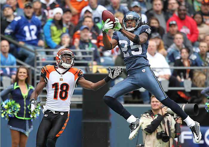 Sherman’s first career interception came in a 2011 game that he played in a fog for two quarters after receiving a blow to the head. (Otto Greule Jr/Getty Images)